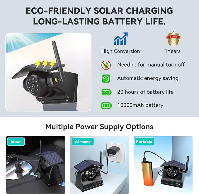 Magnetic Solar Wireless Backup Camera, 10000mAh Rechargeable Battery Powered Reversing Camera, 1-Min Easy Installation, App Control, for Trailer, RV, Truck, SUV, Van