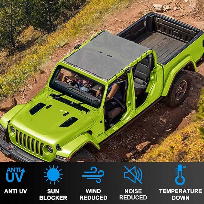 JT Top Sun Shade Roof Compatible with Jeep Gladiator 4 Door 2018 to 2023 Sunshade Sunroof Bikini Cover Blocks UV Wind Noise Gray Mesh for Full Length