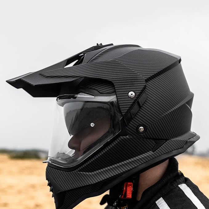 ILM Dual Sport Adventure Motorcycle Helmet with Pinlock Compatible Sun Visor Snowmobile ATV Dirt Bike Off Road Casco Model WS902 (Carbon Fiber, XL)