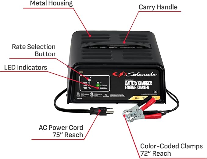 Schumacher Electric 6A Car Battery Charger and 50A Engine Starter, 4-in-1 Solution, Maintainer, 10A Boost, for 12V Power Sport, Automotive, and Marine Batteries, SC1361