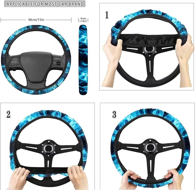 POLERO Blue Fire Car Seat Cover Set for Men Flame Steering Wheel Cover Sets 11pcs with Seatbelt Shoulder Pads Cupholder Coasters Keychains