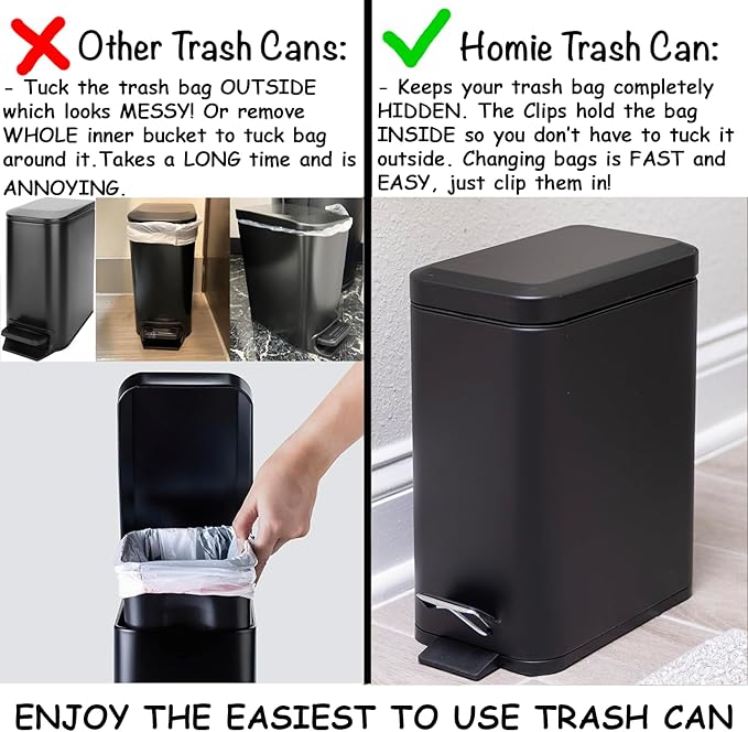 Homie Soft Close, Slim Trash Can 1.6 Gallon with Anti - Bag Slip Liner and Lid, Use as Mini Garbage Basket, Slim Dust Bin, or Decor in Bathroom, Restroom, Kitchen, or Bedroom (Matte Black)