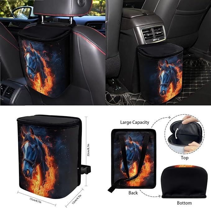 Horse Fire Pattern Car Accessories Set of 15, Front Rear Seat Covers Steering Wheel Cover Seatbelt Cushion Coasters Keychain Trash Can Air Vent Bag Universal Fit