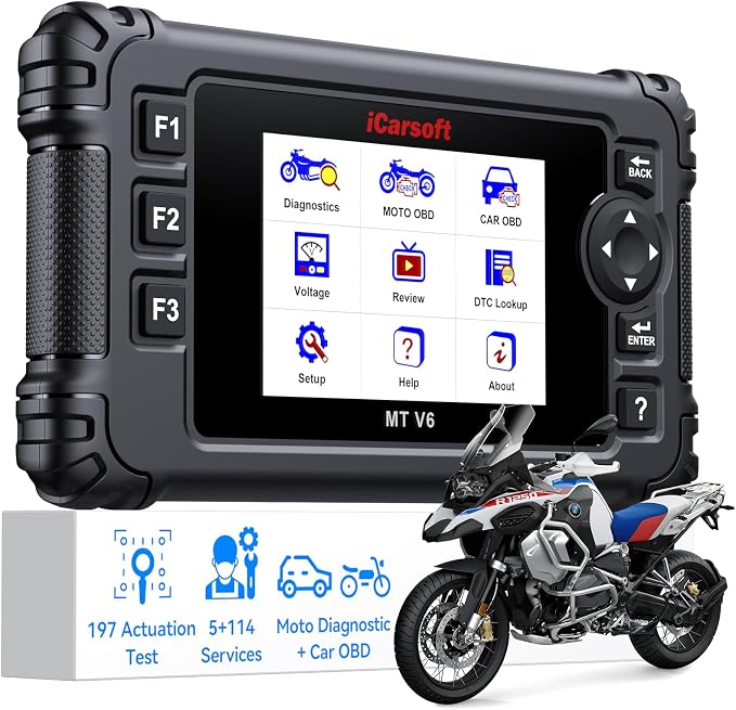 iCarsoft MT V6 Motorcycle Diagnostic Tool for BMW Full System 115 Reset /197 Actuation Test, Motorbike+Car OBD2 Scanner Code Reader with ABS Bleeding, Throttle Valve Reset, Battery Test, AutoVIN