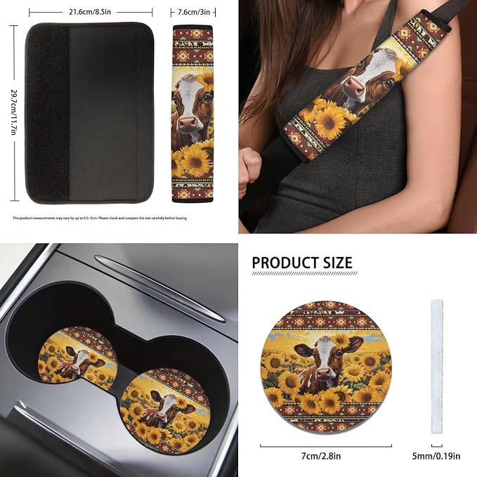Sunflower Cow Car Seat Covers Full Set 11pcs Cow Car Accessories with Cow Auto Steering Wheel Cover Seatbelt Pads Keychain Cup Holder Pads for Most Vehicle
