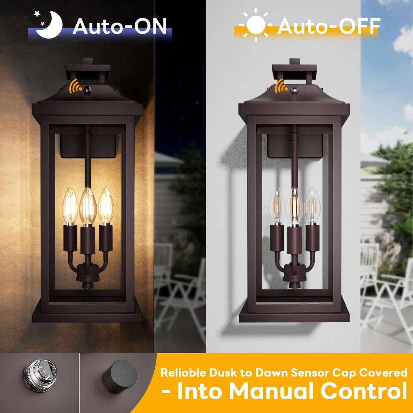 Oil Rubbed Bronze Dusk to Dawn Outside Lights 3-Light, 20" 2 Pack Porch Wall Mount Light Fixtures Large Brown Photocell Sensor Outdoor Wall Lanterns, Vintage Exterior Sconce Lamps E12