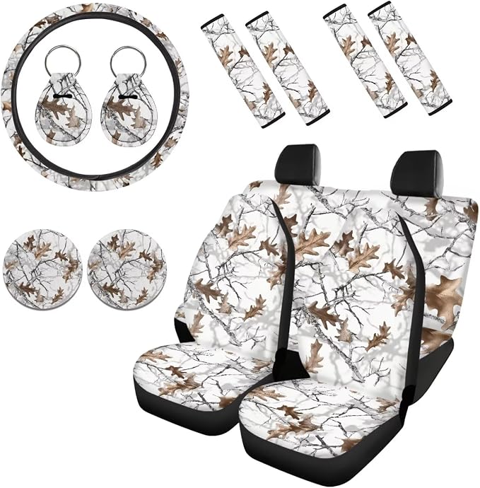 Howilath White Camo Hunting Forest Car Seat Cover Set of 13 with Steering Wheel Covers+Seat Belt Cover Pad+Keychains+Cup Coasters Universal Fit Auto Accessories