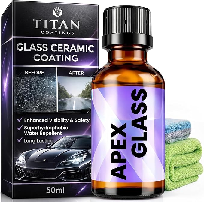 Apex Glass 50ml Hydrophobic Ceramic Coating - Professional Rain Repellent for Windshields & Windows - Long Lasting Nano Silica Protection Kit with Applicator & Microfiber USA