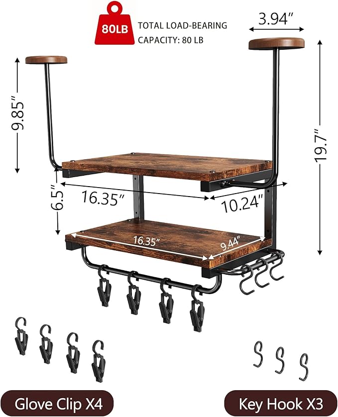 Motorcycle Helmet Holder Wall Mount, 2-Tier Helmet Rack with 2 Hat Stands, Motorcycle Accessories Gear Storage Organizer Display for Men Jackets, Caps in Garage, Living Room (Rustic Brown)