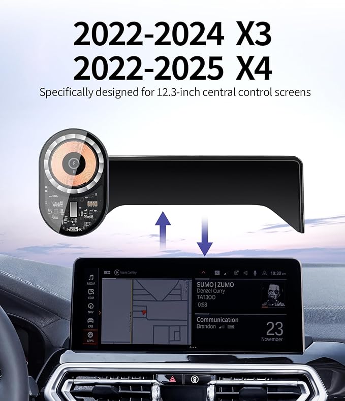 Wireless Charging Car Phone Holder for BMW X3 2022-2024 / X4 2022-2025, 12.3" Screen Fixed Clip, 360° Rotation Car Phone Mount Compatible with MagSafe