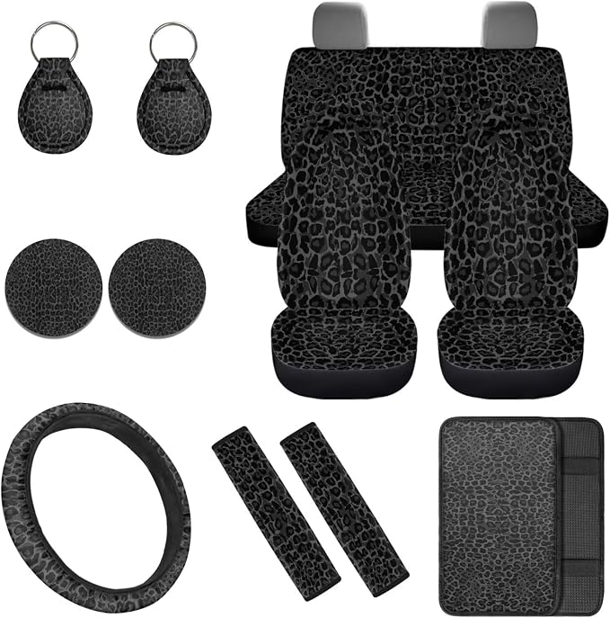 Black Leopard Print 12Pcs Car Seat Covers Full Set Car Seat Belt Cover Steering Wheel Cover Armrest Cushion Cup Coasters and Keychain Holder Suitable for Most Cars,SUV