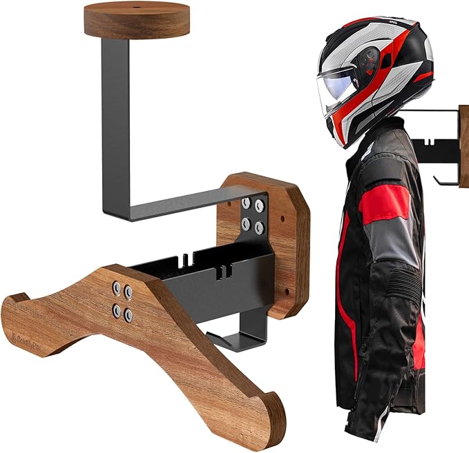 Motorcycle Helmet Holder - Wall Mount Rack, Solid Wood & Heavy Duty Steel, for Motorcycle/Football/Cycling/Skiing/Tactical Gear