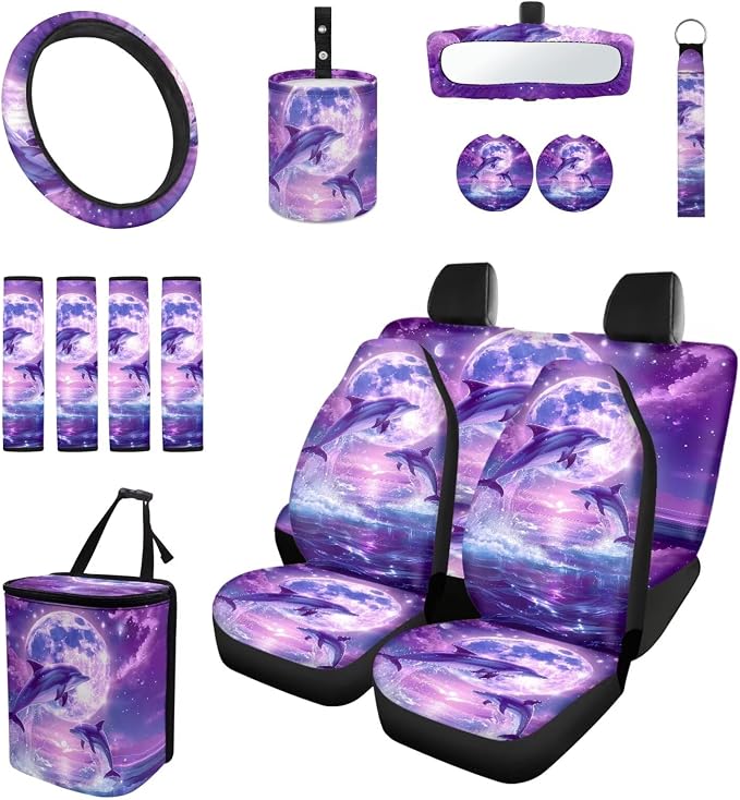 Moon Dolphin 15 PCS Car Seat Cover Full Set with Steering Wheel Cover Seat Belt Strap Pads Cup Coasters Trash Bag Rearview Mirror Cover Keychain Auto Interior Decor