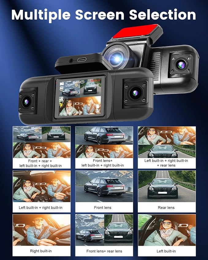 NHOPEEW 4 Channel Dash Cam 360° View, 1080P Front and Rear Inside Left Right Dash Camera for Cars - 2 inch IPS Screen Car Cameras with 8 IR Night Vision, Built-in Stereo, Loop Recording + 64G TF Card