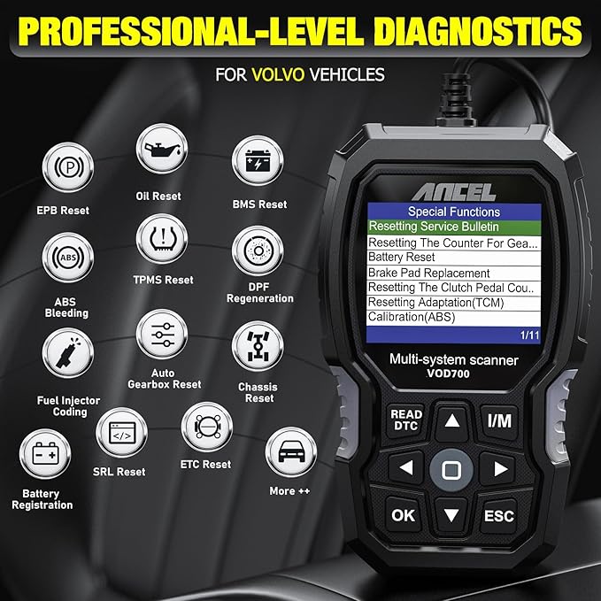 ANCEL VOD700 All System OBD2 Scanner Fits for Volvo Car Code Reader Full Function Diagnostic Scan Tool ABS Bleeding Injector Oil ETC SRL BMS EPB TPMS Reset Tool