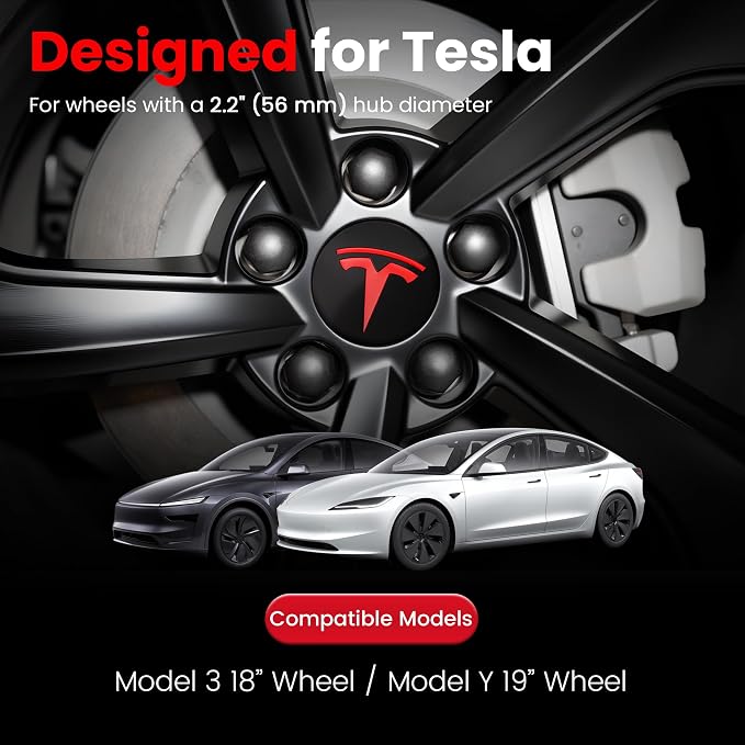 4 Pack Car Wheel Center Hub Cap Kit with 22 Lug Nut Covers, 2.2 in (56mm) Wheel Rim Covers Center Hubcaps with Emblem for Model 3 Y, Black & Red Gray & Silver Exterior Decoration for Tesla
