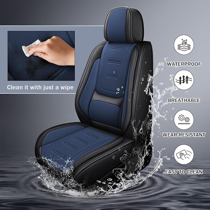 otoez Nappa Leather Car Seat Covers Full Set, Breathable Leather Automotive Seat Covers Front & Rear Seat Protectors with Lumbar Support, Universal Fit for Most Cars SUV Truck Sedan (Black+Blue)