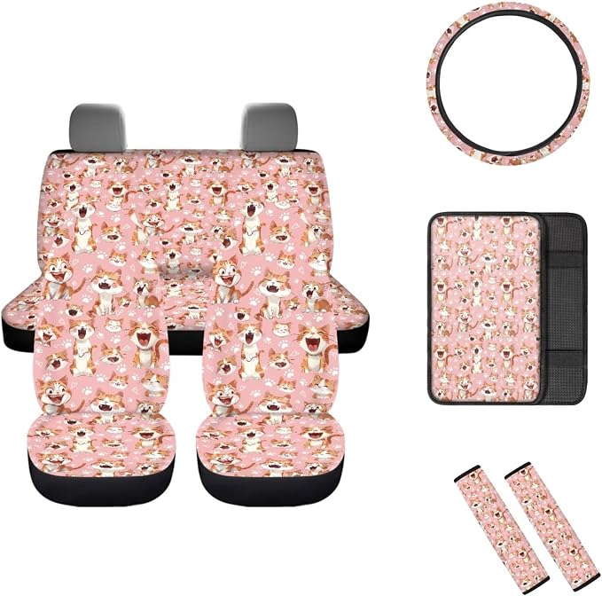 Mumeson Cute Cats Womens Car Accessories Decor Set Car Seat Covers Set with Steering Wheel Cover/Seat Belt Shoulder Pads/Armrest Cushion for Car Auto Interior Decor
