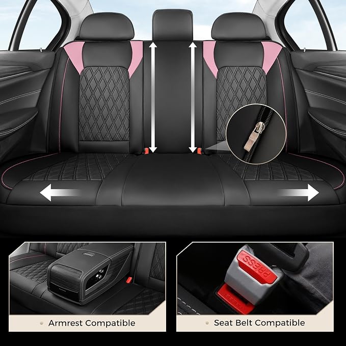 Coverado Seat Covers, Car Seat Covers Full Set, Car Seat Cover, Car Seat Covers Front Seats and Back, Waterproof Car Seat Cushion, Faux Leather Car Seat Protector Universal Fit Most Cars, Black&Pink