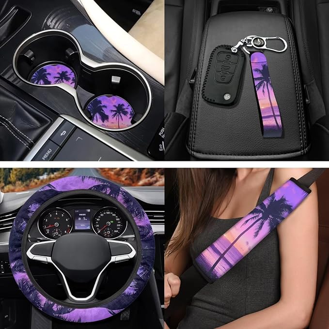 Palm Tree Sunset 11 Pieces Car Seat Covers Car Seat Belt Cover Steering Wheel Cover Gear Lever Cover Hand Brake Cover Keychain Holder Universal Fit for Most Cars,SUVs