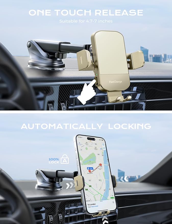 CHGeek Wireless Car Charger, 15W Fast Charging Auto Clamping Car Charger Phone Mount Phone Holder fit for iPhone 15 14 13 12 11 Pro Max Xs, Samsung Galaxy S24 Ultra S23 S22 S21, S20, S10+, Khaki