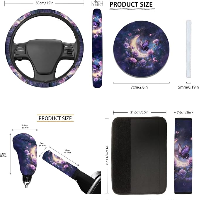 Tupalatus 9 Pcs Moon Butterfly Print Two Front Car Seat Covers with Steering Wheel Cover Auto Seat Belt Cover Coasters Gear Shift Cover Hand Brake Cover Car Accessories Set Easy to Install