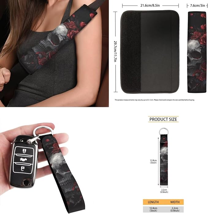 15 Pcs Red Rose Skull Car Seat Covers Full Set for Women Goth Car Accessories Interior Car Steering Wheel Cover Seatbelt Covers Trash Bin Rear View Mirror Cover Cup Holders Keychain