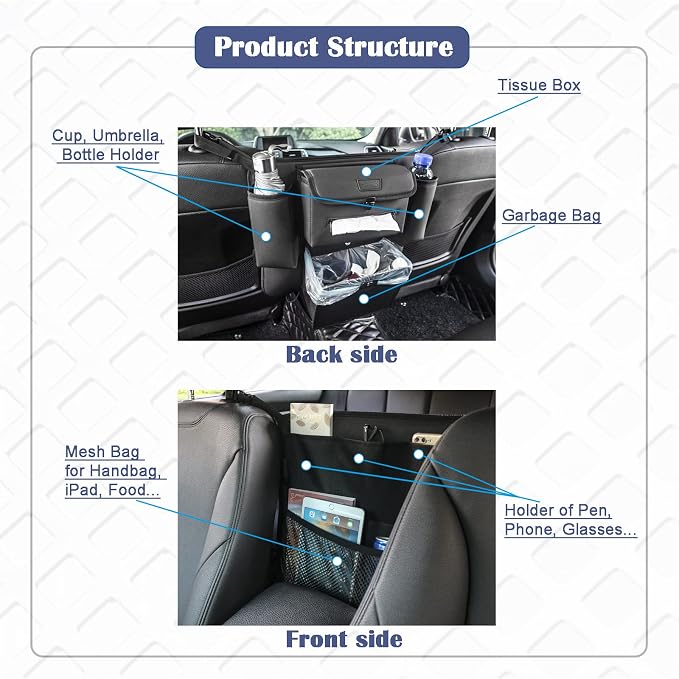 Car Organizer Between Seats, Garbage Trash Bag, Purse Holder, Dog Barrier | AMEIQ Car Accessories, Rubbish Can, Waster Litter Recycle Bin, Storage Bag Between Front Seats, Tissue Handbag Holder, Black