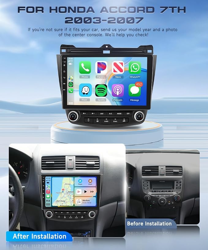 Android 15 Car Stereo for Honda Accord 2003-2007 Radio Wireless Carplay Android Auto 10.1 inch 1080P HD Touch Screen 5G WiFi DSP EQ GPS MirrorLink Bluetooth FM/RDS 26UI AHD Backup Camera Mic