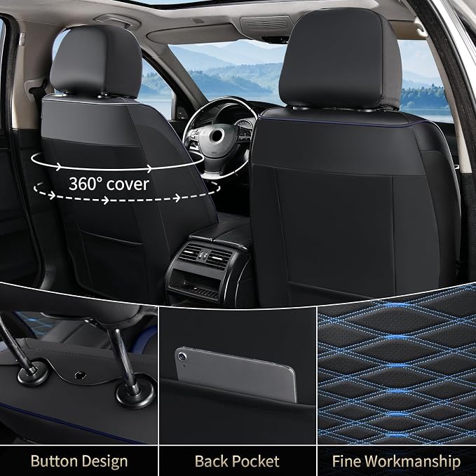 FLORICH Leather Seat Covers, Car Seat Covers Full Set, Car Seat Protector Waterproof, Front and Rear Seat Covers for Cars, Automotive Seat Covers Universal Fit for Most Cars SUV Truck - Blue&Black