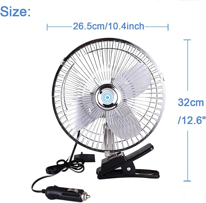 CYDZSW Car 12v Clip Fan,12 Volt DC 10 inch Large 360° Adjustment Metal Fans with Cigarette Lighter,90° Rotation Oscillating Clamp on Cooling Fan for Golf Cart RV and Vehicles (10inch)
