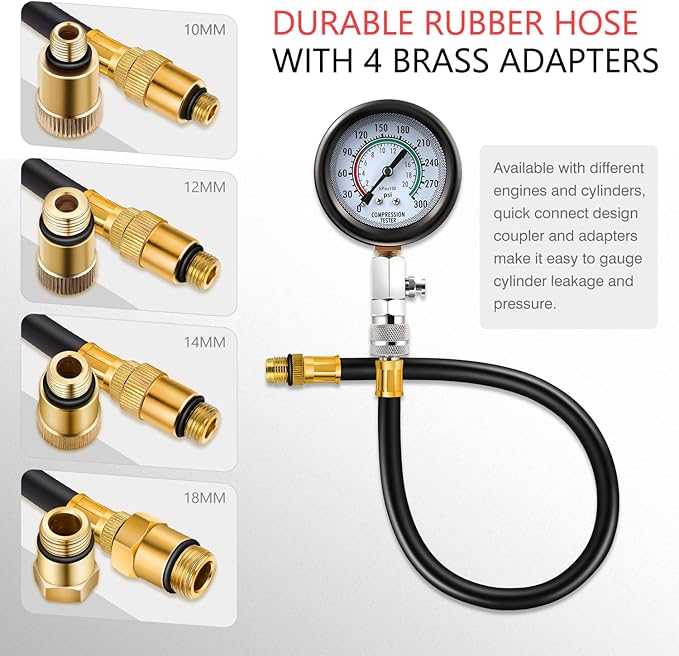 DNA Motoring 8PCS Compression Gauge Compression Tester Kit with M10 M12 M14 M18 Adapters for Car Truck ATV Motorcycle, TOOLS-00334