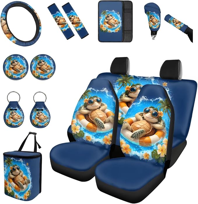 Forchrinse Hawaiian Sea Turtle Car Seat Covers 15 Pcs Auto Interior Cover Set with Steering Wheel Cover,Armrest Seatbelt Pads,Car Garbage Can,Coaster,Handbrake Gearshift Cover for SUVs Trucks