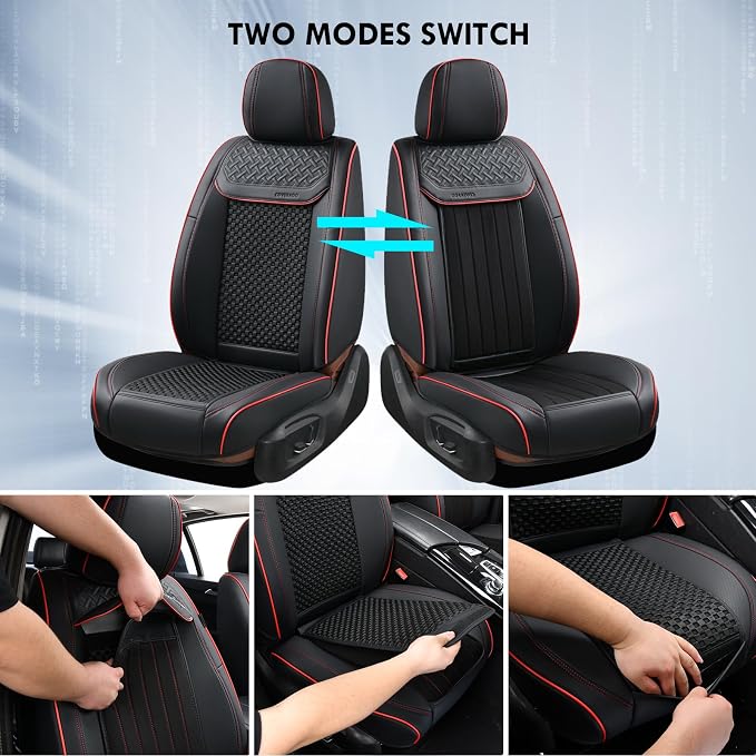 Coverado 2 in 1 Seat Covers for Car Full Set, Conversions Between Warm Suede and Cold Ice Silk for Car Seat Protector Car Accessories Universal Fit for Most Cars SUVs and Trucks（Black&Red）