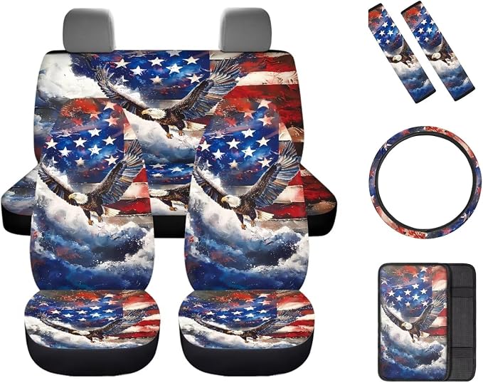 Eagle American Flag Car Seat Cover Full Set with Car Steering Wheel Cover Shoulder Pads Center Console Pad Patriotic Decorations 8 Pcs Auto Interior Accessories