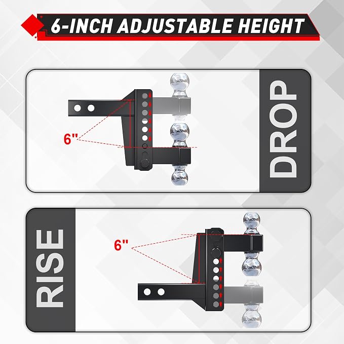 TYT Adjustable Truck Trailer Hitch for 2 inch Receiver, 6" Drop/Rise,2" & 2-5/16" Ball,Includes Two Pin Locks & Hitch Tightener
