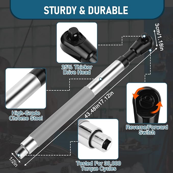 1/2 Inch Offset Extension Wrench Impact Strong Torsion Output Steel Wrench Extender with 6 Sockets & 1 Adapter Rod for Tight & Narrow Spaces (Gray1)
