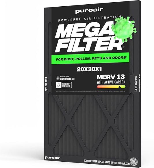 PuroAir MegaFilter - 20x30x1 Air Filter MERV 13 Activated CarbonTech Defense - Heavy Duty 3 Layer Furnace Filters Allergens, Pollen, Dust, Pet Dander, Smoke, Odors - HVAC Air Filter 20x30x1 (1-Pack)