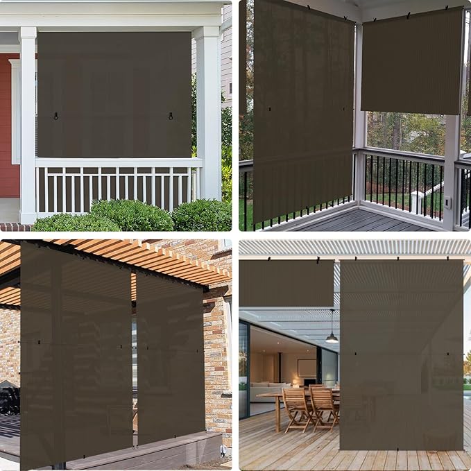 E&K Sunrise 7'W x 14.5'H Outdoor Roller Shades Patio Cordless Roll Up Blinds Foldable Sun Shade UV Block Exterior Sun Screen for Outside Porch Backyard Deck Pergola (Brown)