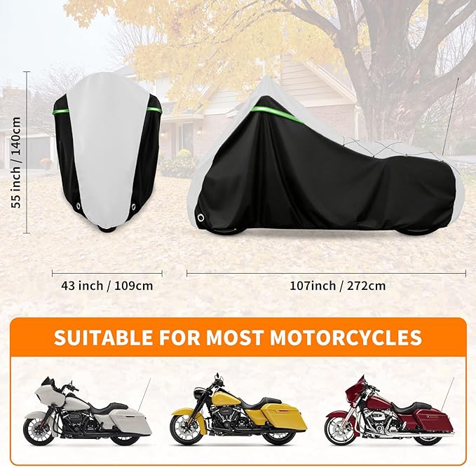 COVERVIN Motorcycle Cover for Harley Davidson Touring Road King Road Glide Electra Glide Street Glide Low Rider-ST Heritage Classic HD Goldwing, All Weather Waterproof Cruiser Cover, Black&Silver