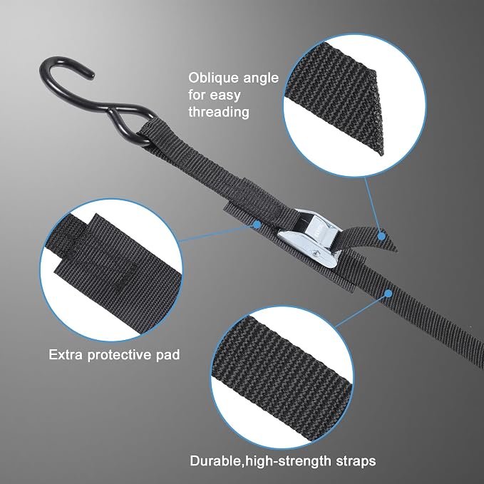 EXVITAL Tie Down Straps with Hook Cam Buckle Straps 1" x 12’ 1200lbs Break Strenght with Extra Soft Loops for Motorcycle, Kayak, ATVs, Dirt Bike, Truck, Car Black 2 Pack