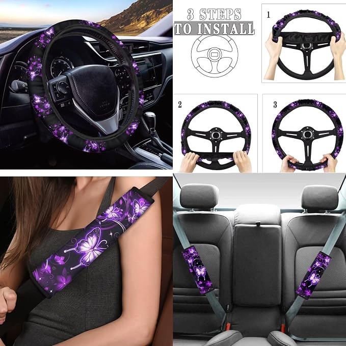 Tupalatus Purple Butterflies Car Seat Covers Full Set of 9 Steering Wheel Cover Seat Belt Pads Cover Cup Holder Coasters Gear Shift Hoodie Handbrake Cover for Cars Trucks and SUVs