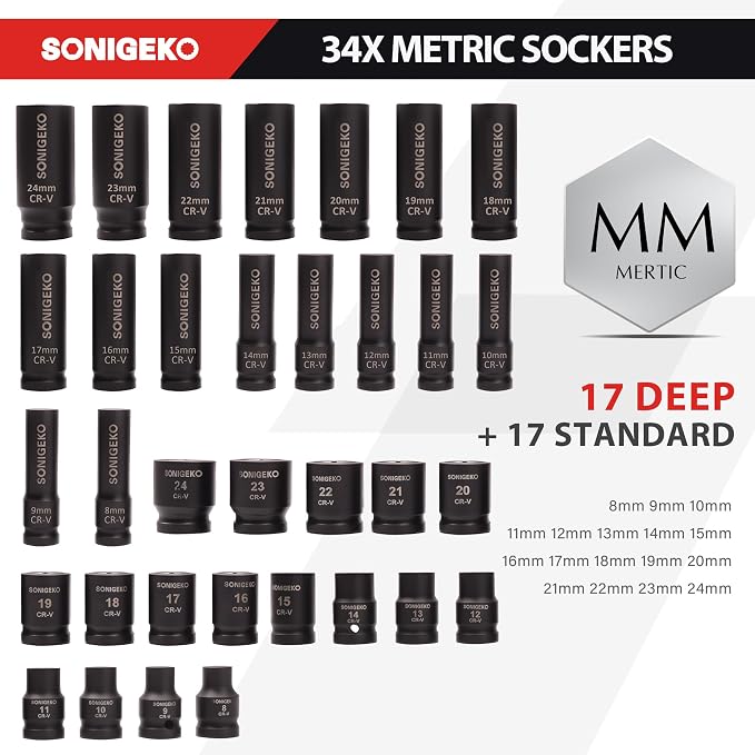 70-Piece 1/2" Drive Impact Socket Set, Cr-V Steel, Standard SAE & Metric Sockets with Ratchet Handle, Extension Bar, Adapters, and Storage Case