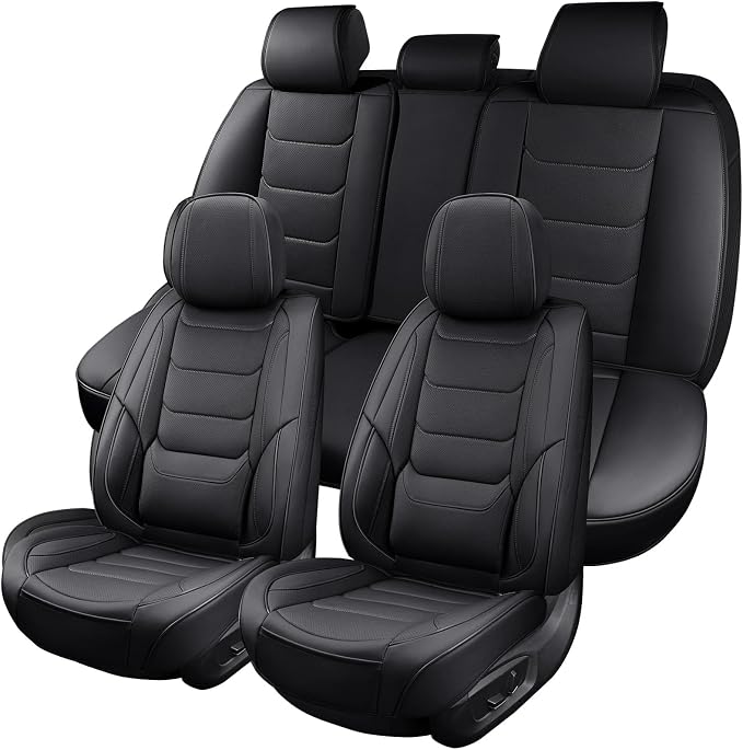 Leather Car Seat Covers Full Set Breathable Automotive Seat Covers Waterproof Seat Protectors Universal Fit for Most Automotive Cars SUV Trucks (Black, Full Set)