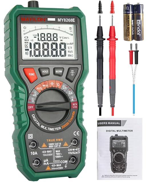 Digital Multimeter, 20000 Counts High Resolution TRMS Auto-Ranging Multimeter AC/DC Voltmeter Accurately Measures Voltage Current Resistance Diodes Continuity Duty-Cycle Capacitor Temperature