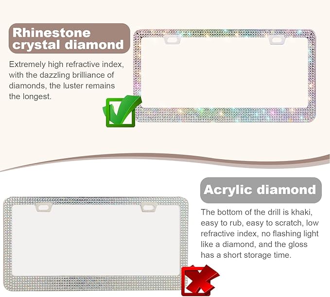 QUANQIUFEI 2 Pack Bling License Plate Frames for Women, Sparkly Rhinestone Diamond Car Accessories with Glitter Crystal Caps (Colorful)