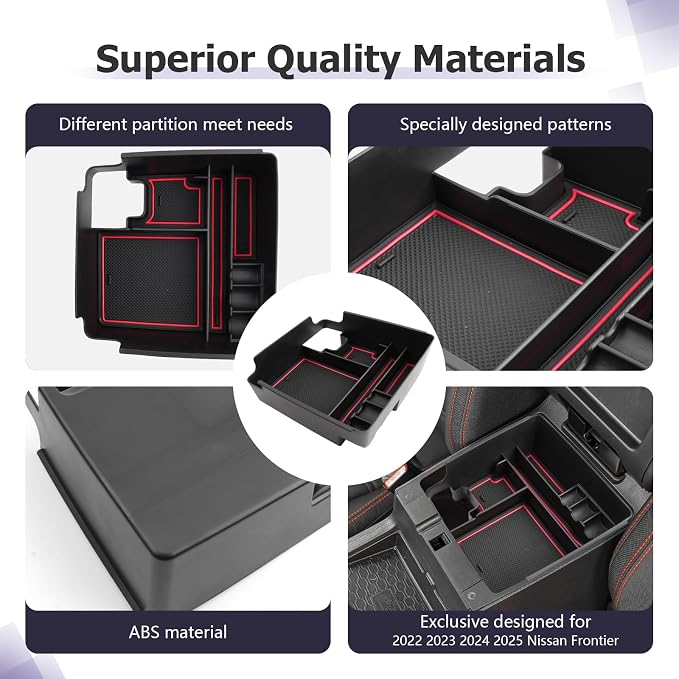 LUWU 2025 2026 Frontier Center Console Organizer for 2022 2023 2024 2025 2026 Nissan Frontier Accessories Armrest Console Storage Box Insert Tray ABS Material Red-trim
