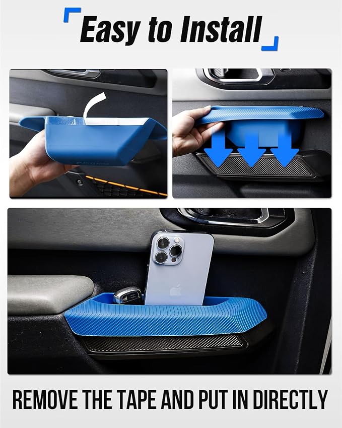 ROADER Front & Rear Door Handle Storage Organizer Compatible with Ford Bronco 2021-2025, Inner Insert Tray Box for Bronco Accessories 4-Door, Grab Create Car Storage Space by Handle Pocket 4PCS -Blue