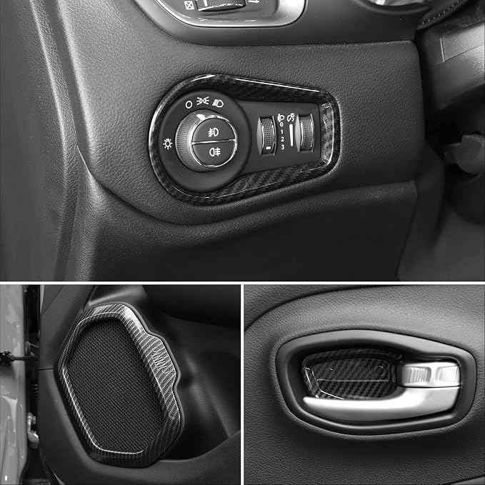 CheroCar 31 PCS Full Set Interior Decoration Trim Kit Steering Button Cover Door Handle Cover Air Outlet Cover Cup Holder Gear Cover Trim Door Speaker Cover for Jeep Renegade 2016-2018,Carbon Fiber