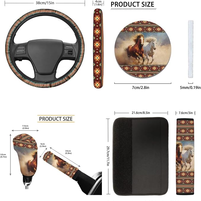 Tupalatus Aztec Horse 9 Pcs Car Seat Covers 2 Front Seats Car Accessories Full Set for Women Men Steering Wheel Cover Seat Belt Pads Cover Coasters Gear Shift Hoodie Handbrake Cover